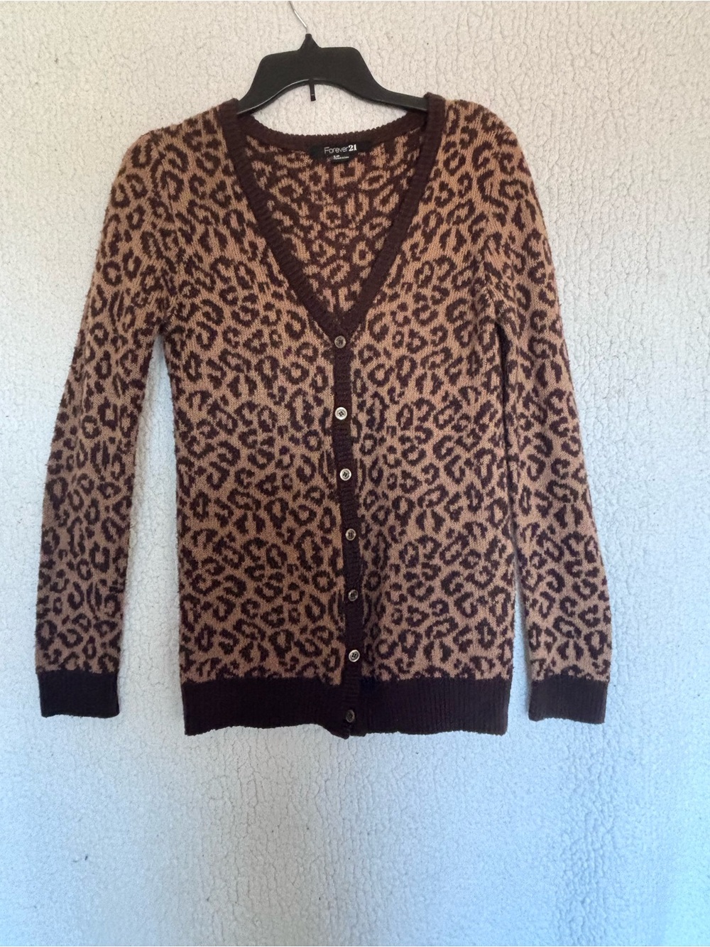 Forever 21 Brown and Tan Leopard Print V-Neck Cardigan